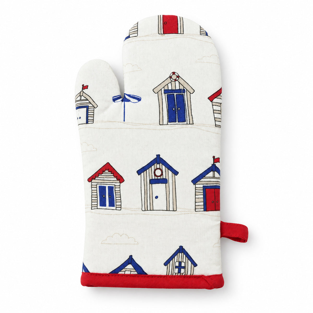 Beach hut print quilted oven hand glove - white background