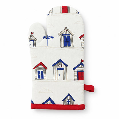 Beach hut print quilted oven hand glove - white background