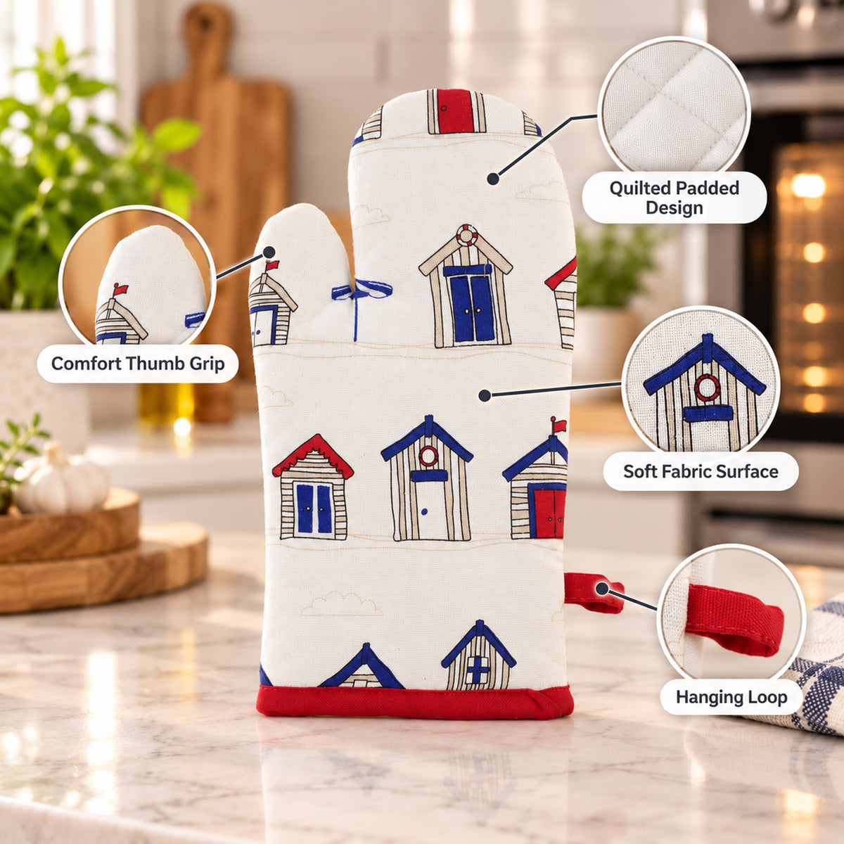 Beach hut print quilted oven hand glove - padding and hanging loop details