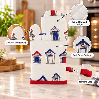 Beach hut print quilted oven hand glove - padding and hanging loop details