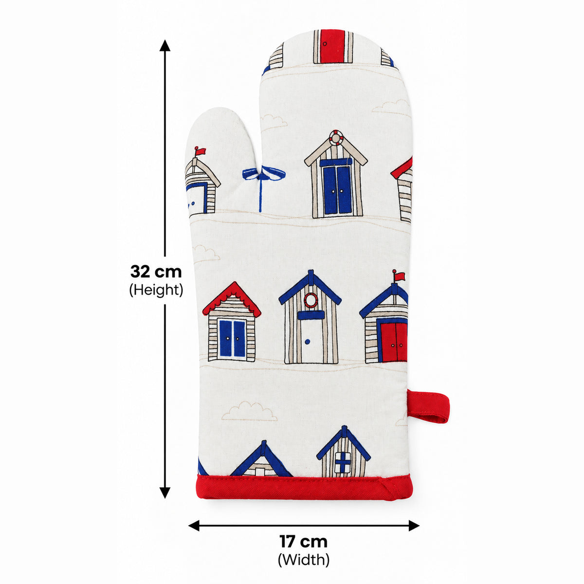 Beach hut print quilted oven hand glove - dimensions