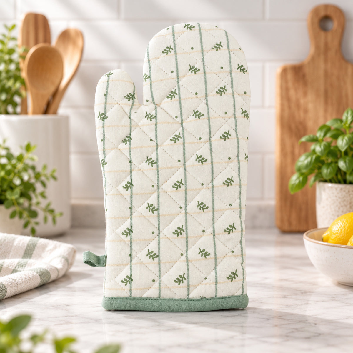 Botanical print quilted oven hand glove - kitchen counter display