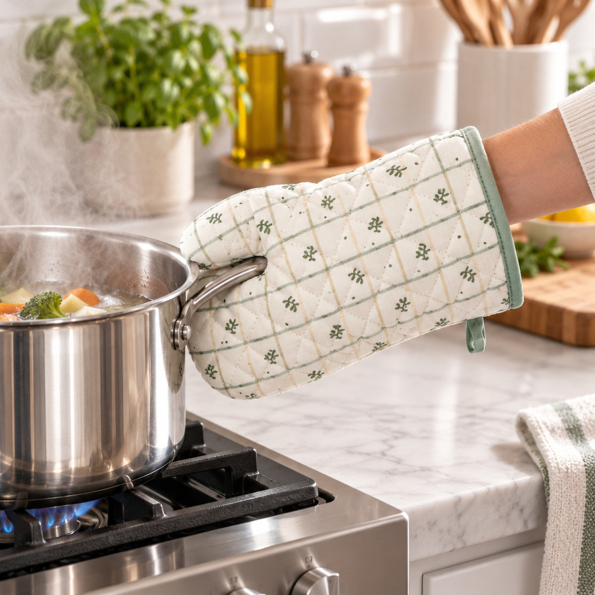 Botanical print quilted oven hand glove - cookware handling