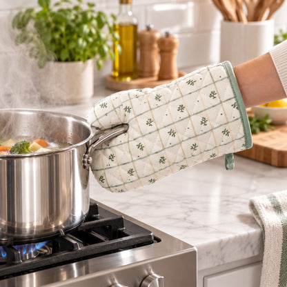 Botanical print quilted oven hand glove - cookware handling