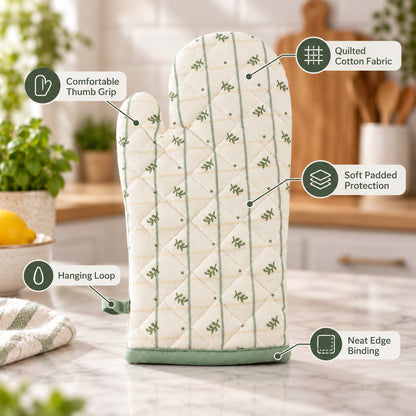 Botanical print quilted oven hand glove - padding and hanging loop details