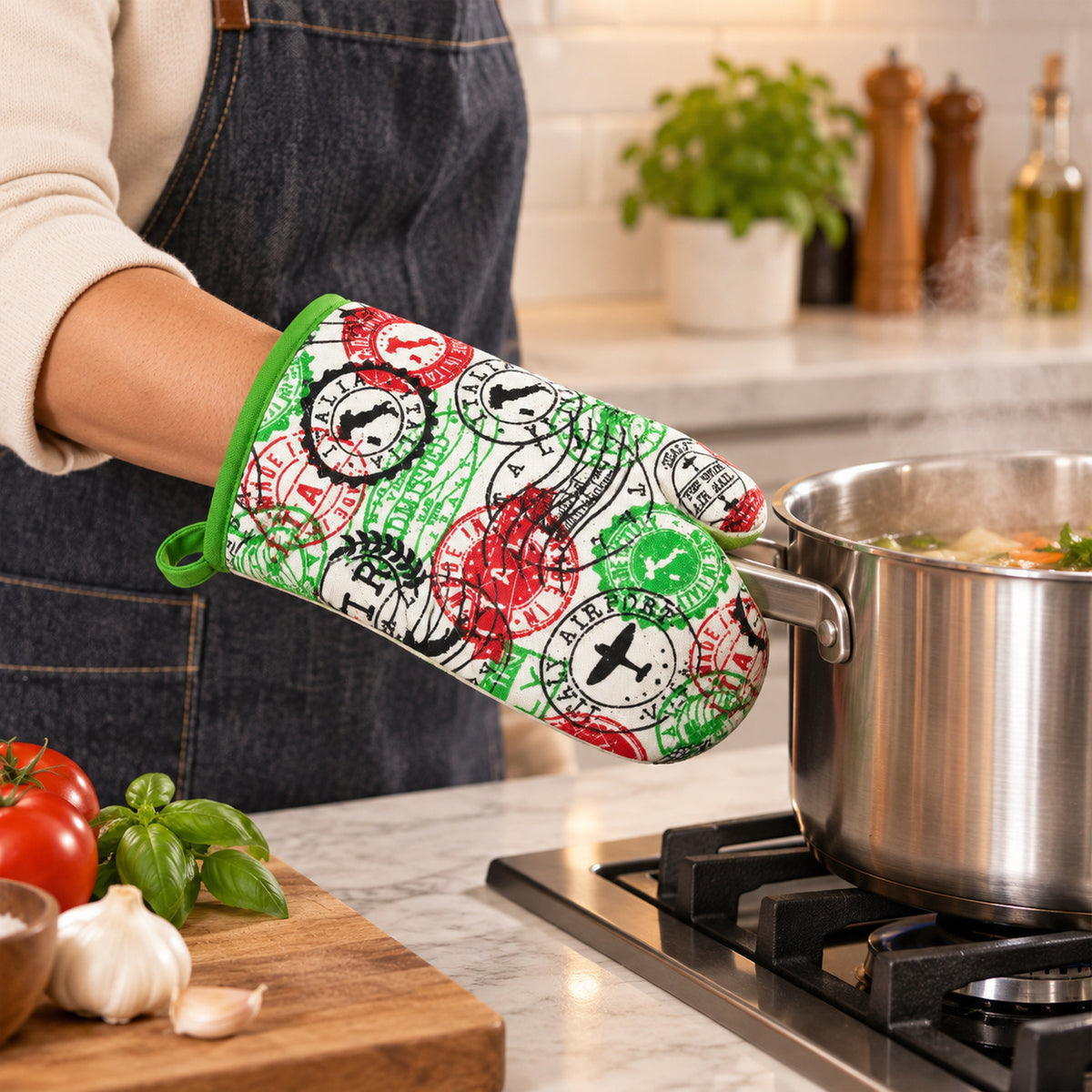 Travel stamp print quilted oven hand glove - cookware handling