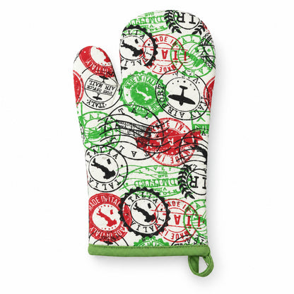 Travel stamp print quilted oven hand glove - white background