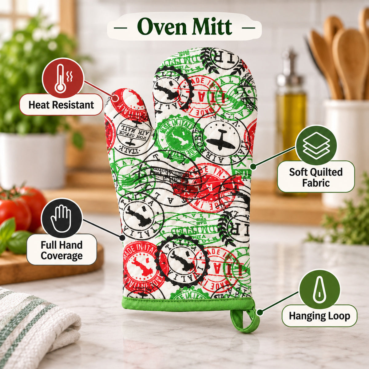 Travel stamp print quilted oven hand glove - quilted fabric and loop features