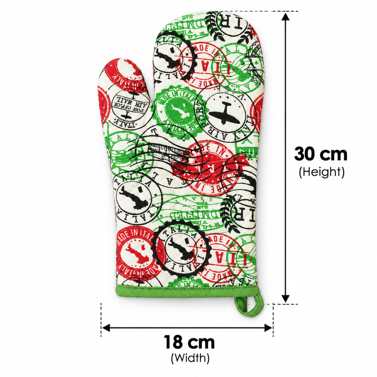 Travel stamp print quilted oven hand glove - dimensions
