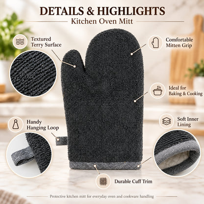 Black textured oven hand glove - texture and lining details