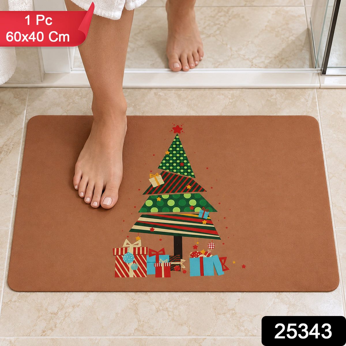 Christmas Tree and Gifts Floor Mat, Absorbent Anti-Slip Rug (1 Pc, 60x40 Cm)