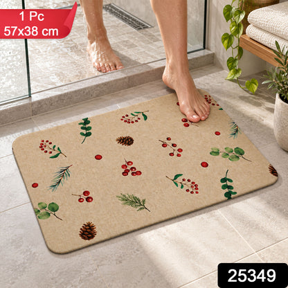 Botanical Berry Print Bath Mat, Linen Look Anti-Slip Floor Rug (1 Pc, 57x38 Cm)