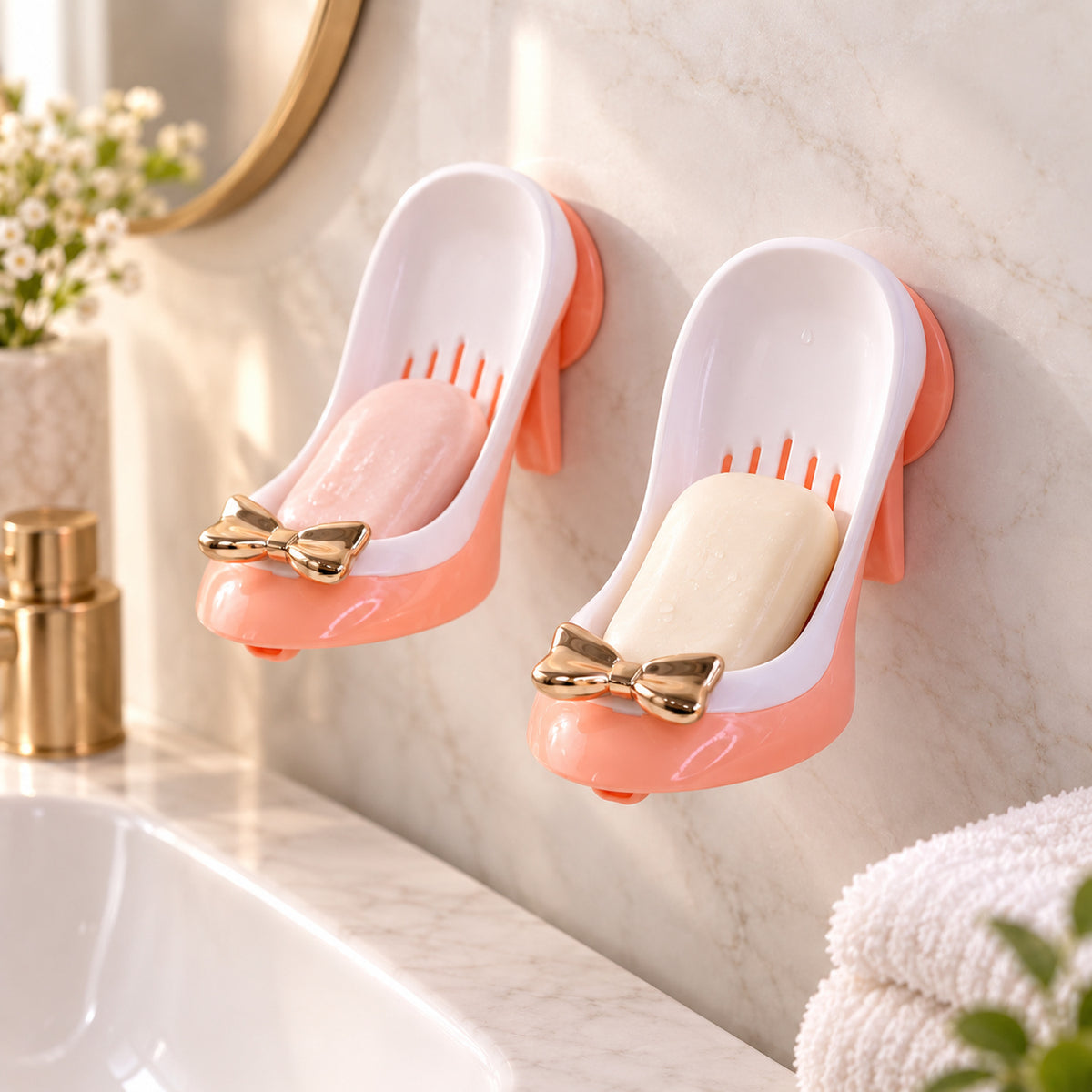 Shoe shaped soap holder set - wall mounted use