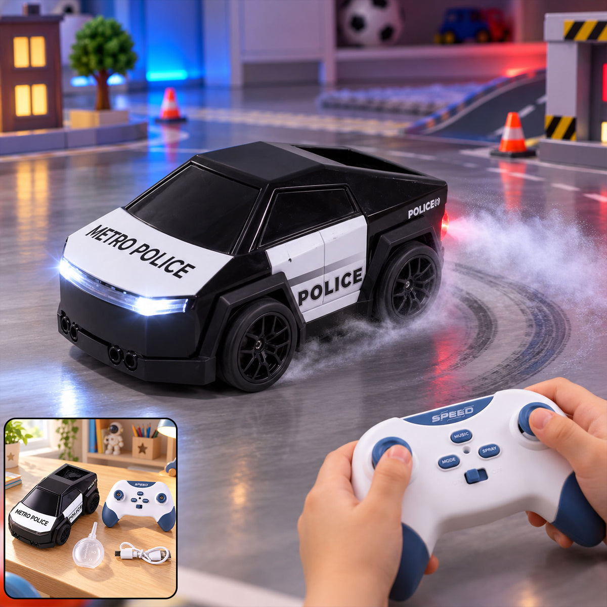 A child's hands hold a white and blue remote control, operating a black and white police car toy that emits mist – view 10