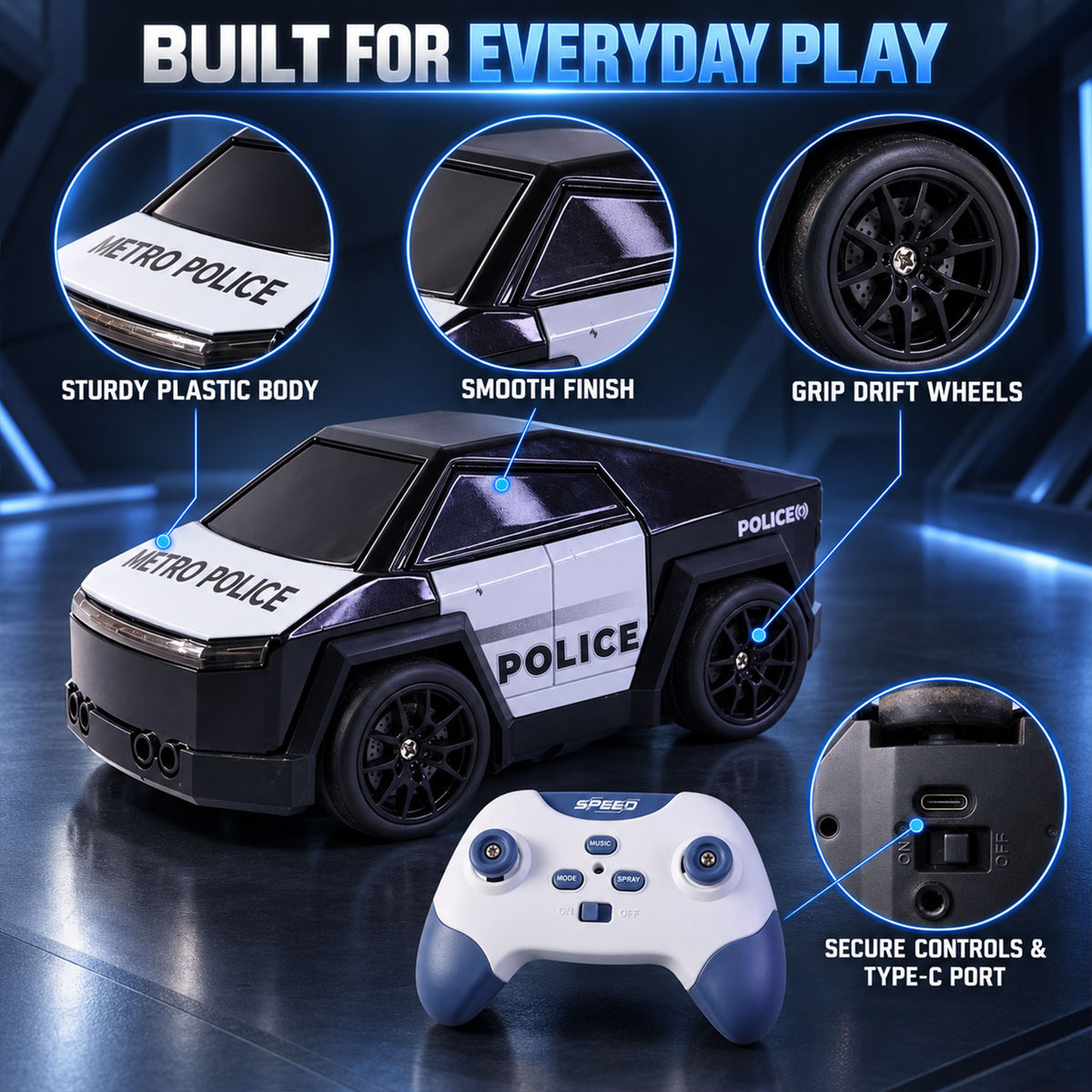 A black and white police car toy with its remote control, surrounded by circular insets highlighting its plastic body,