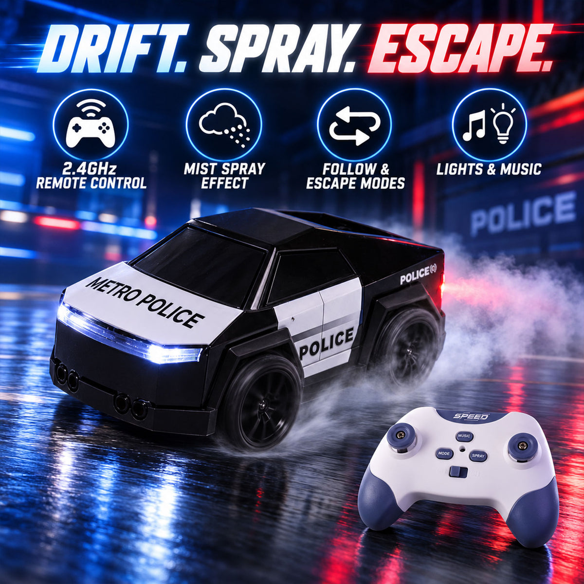 A black and white police car toy drifts with mist, alongside its remote control, with icons illustrating 2.4GHz control,