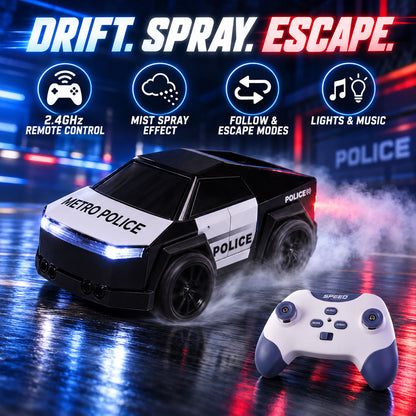 A black and white police car toy drifts with mist, alongside its remote control, with icons illustrating 2.4GHz control,
