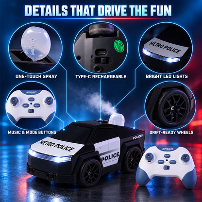 A black and white police car toy emits mist, with its remote control, surrounded by insets detailing its spray, charging
