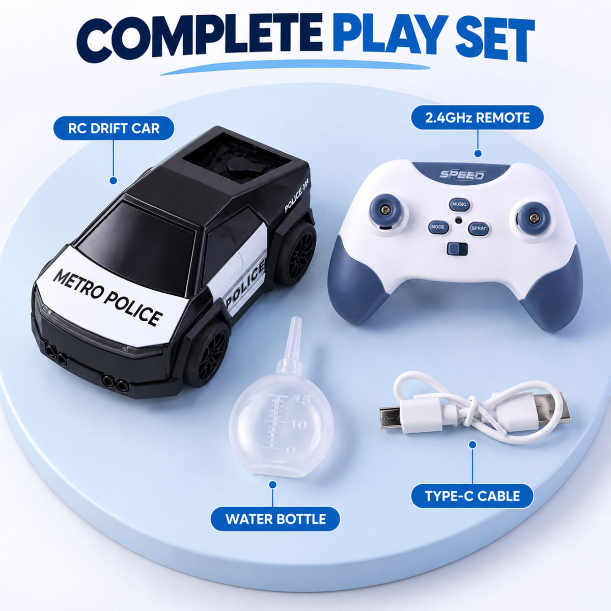 A complete play set includes a black and white RC drift car, a 2.4GHz remote, a water bottle, and a Type-C cable on a light