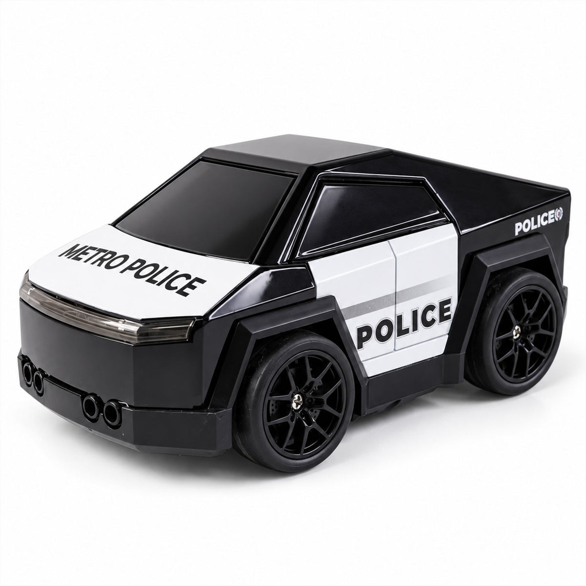 A black and white police car toy with