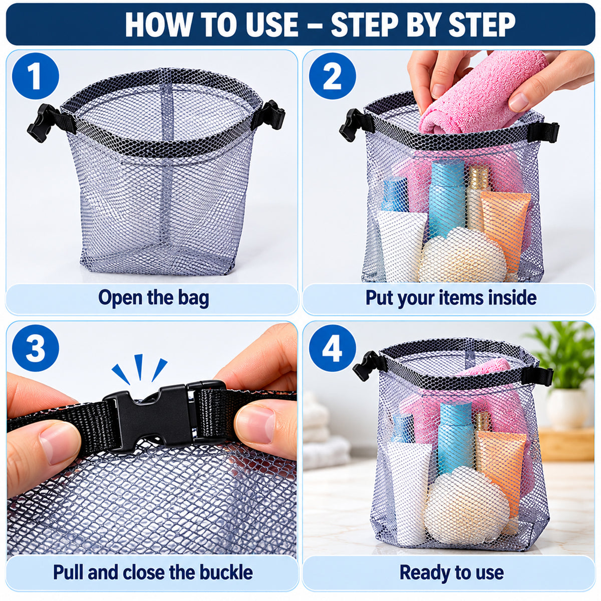 Mesh travel organizer pouch with buckle view 05