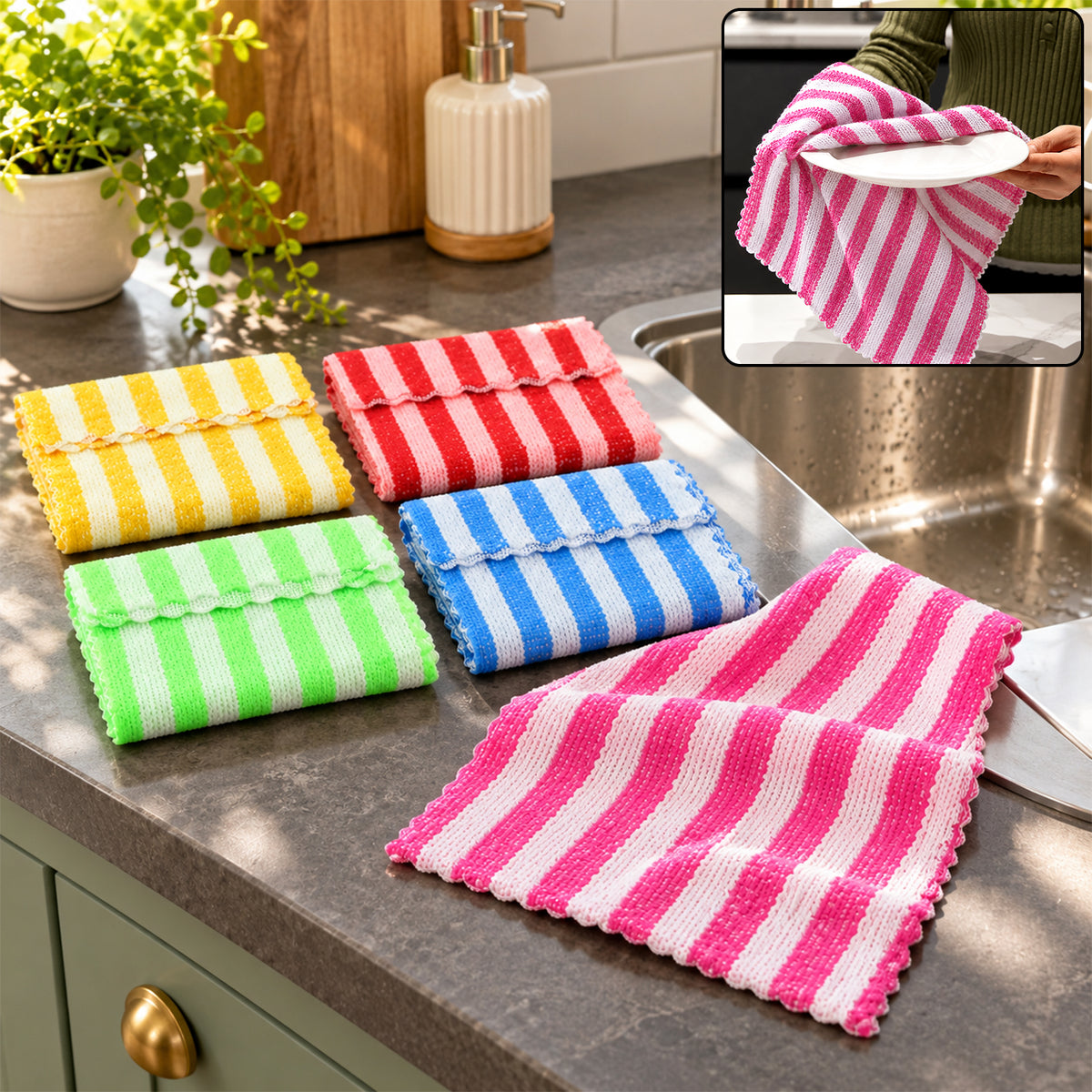 Striped microfiber cleaning cloths in assorted colors, neatly folded