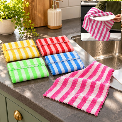 Striped microfiber cleaning cloths in assorted colors, neatly folded