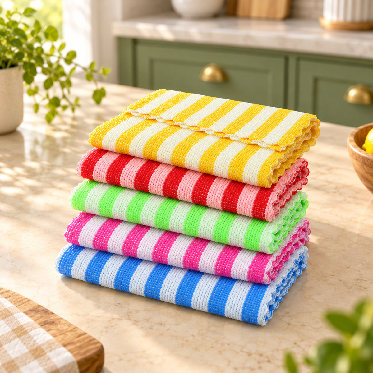 Striped microfiber cloth wiping a kitchen countertop clean
