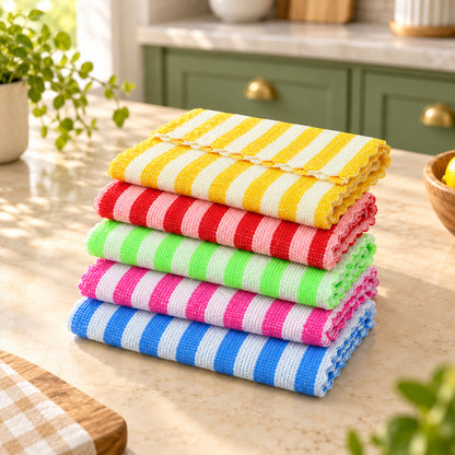 Striped microfiber cloth wiping a kitchen countertop clean