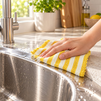 Striped microfiber cloth cleaning a glass surface