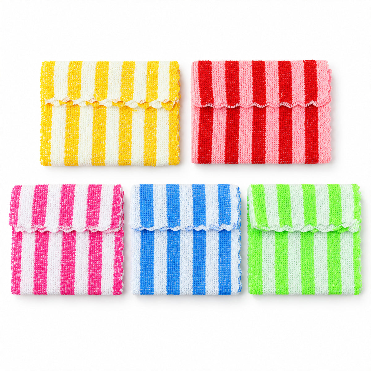 Variety of striped microfiber cloths displayed folded