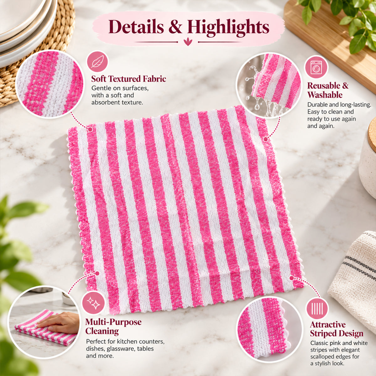 One striped microfiber cloth drying dishes in a kitchen sink