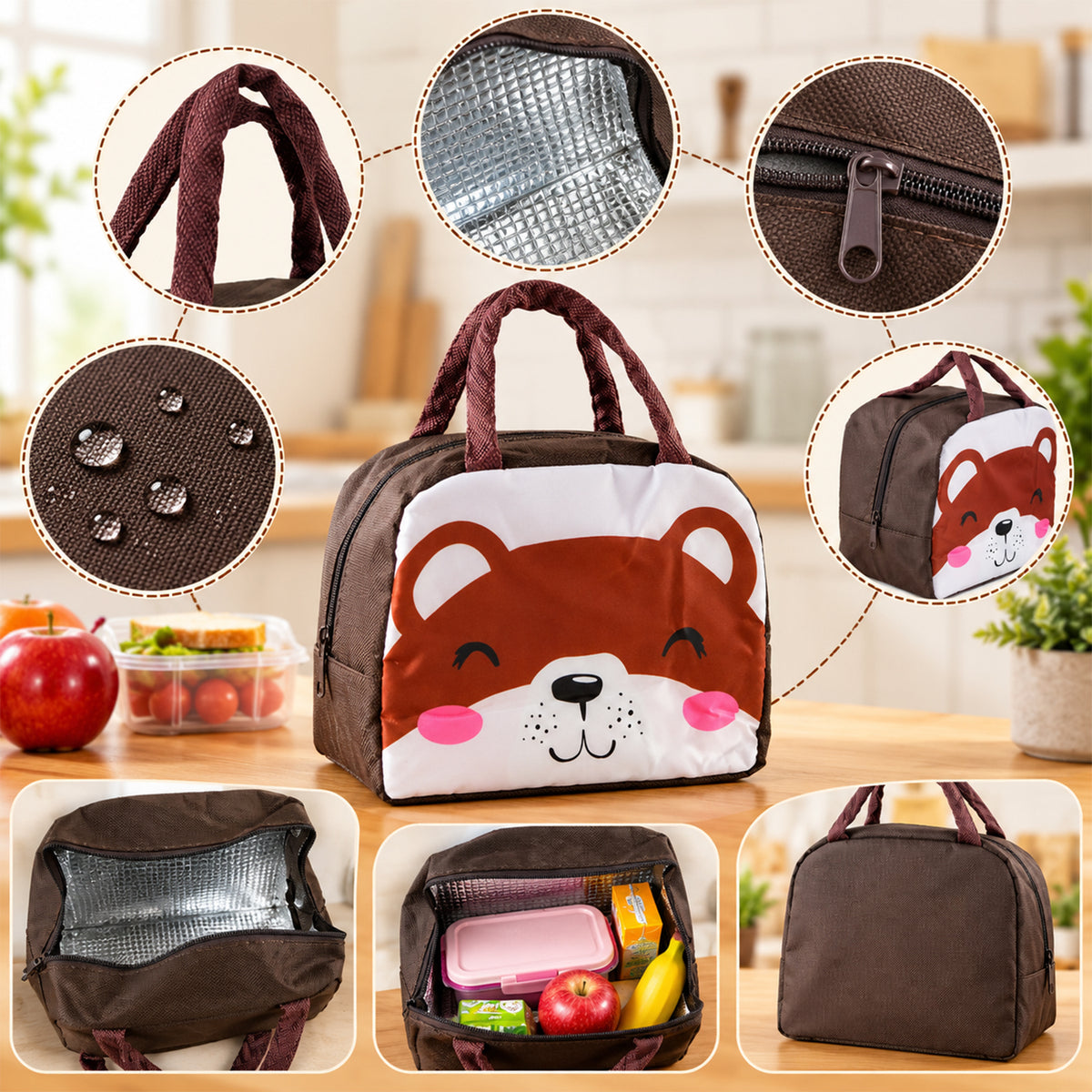 Kids insulated lunch bag with a snack and fruit
