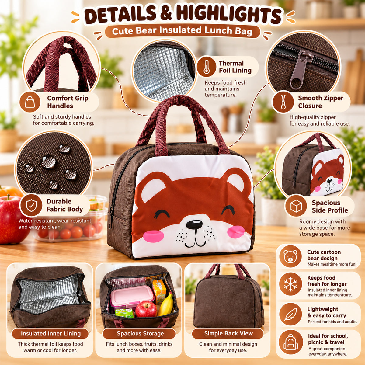 Top down view of the open kids insulated lunch bag