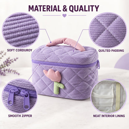 A lavender quilted corduroy cosmetic bag with a pink and green tulip applique, showcasing its soft corduroy, quilted