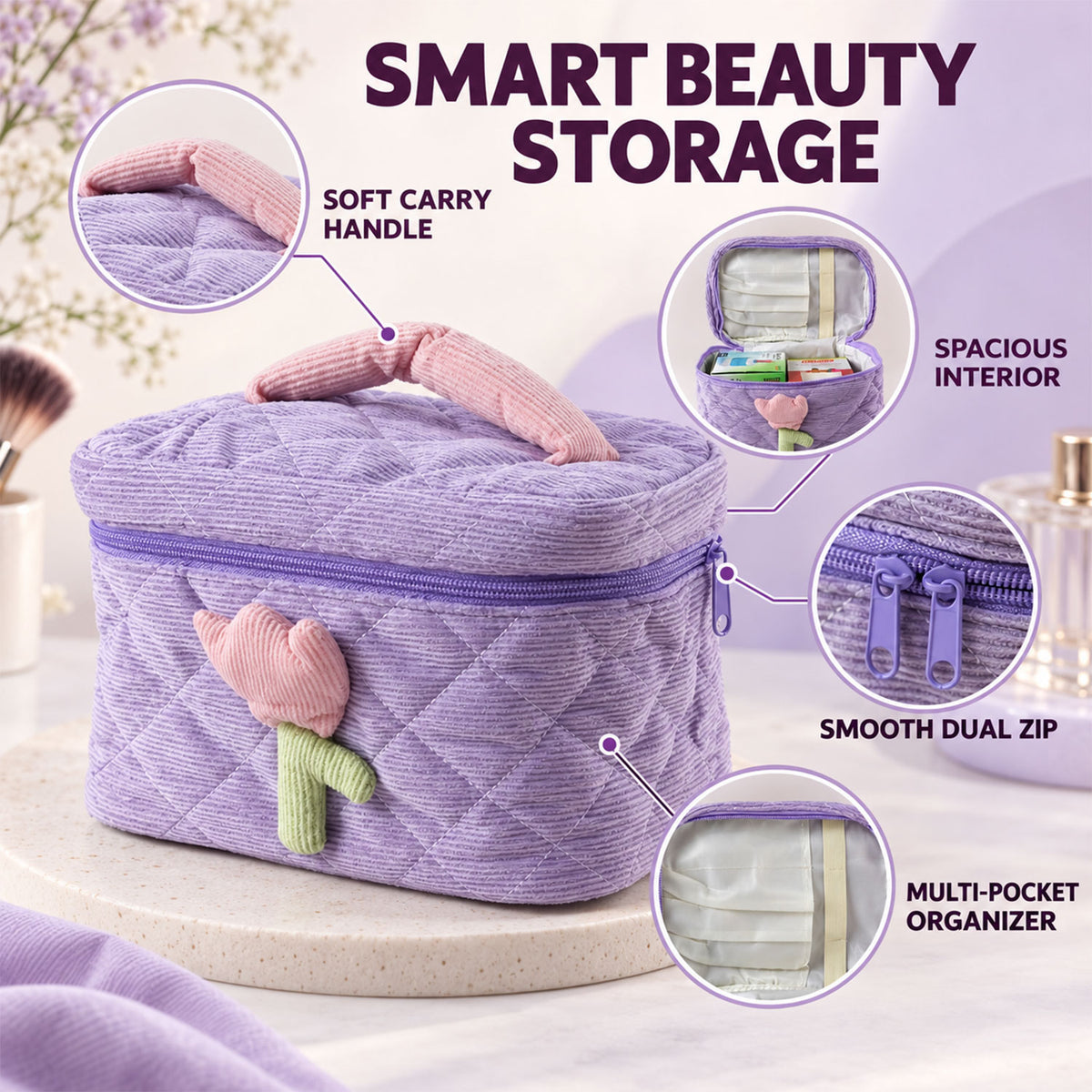 A lavender quilted corduroy cosmetic bag with a pink and green tulip applique, highlighting its soft carry handle, spacious