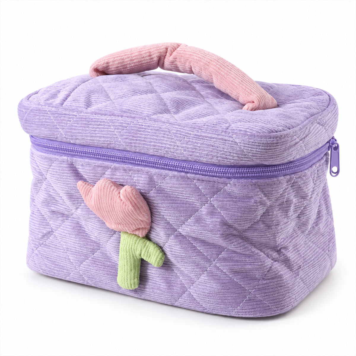 A closed lavender quilted corduroy cosmetic bag with a pink and green tulip applique and a pink handle, presented on a white