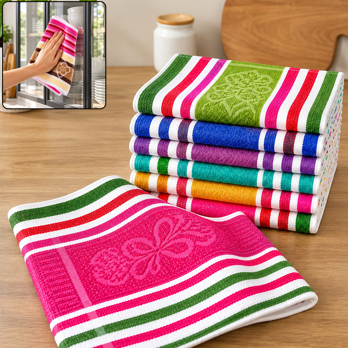 A hand holds a pink, white, green, and brown striped cloth with a floral pattern, next to a stack of six similar cloths.