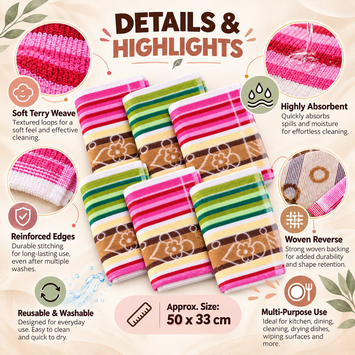 Six folded cloths with pink, white, green, and brown stripes and a floral pattern are surrounded by descriptive text and