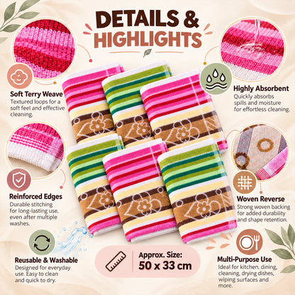 Six folded cloths with pink, white, green, and brown stripes and a floral pattern are surrounded by descriptive text and