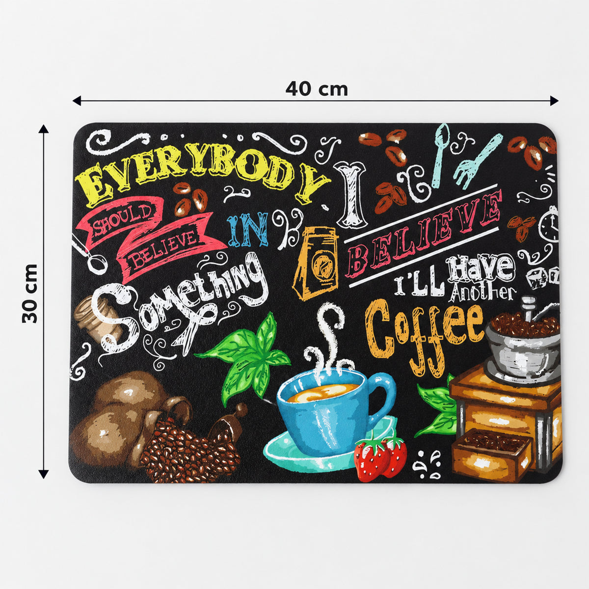 Black rectangular mat with coffee designs, displaying its dimensions of 40 cm by 30 cm.