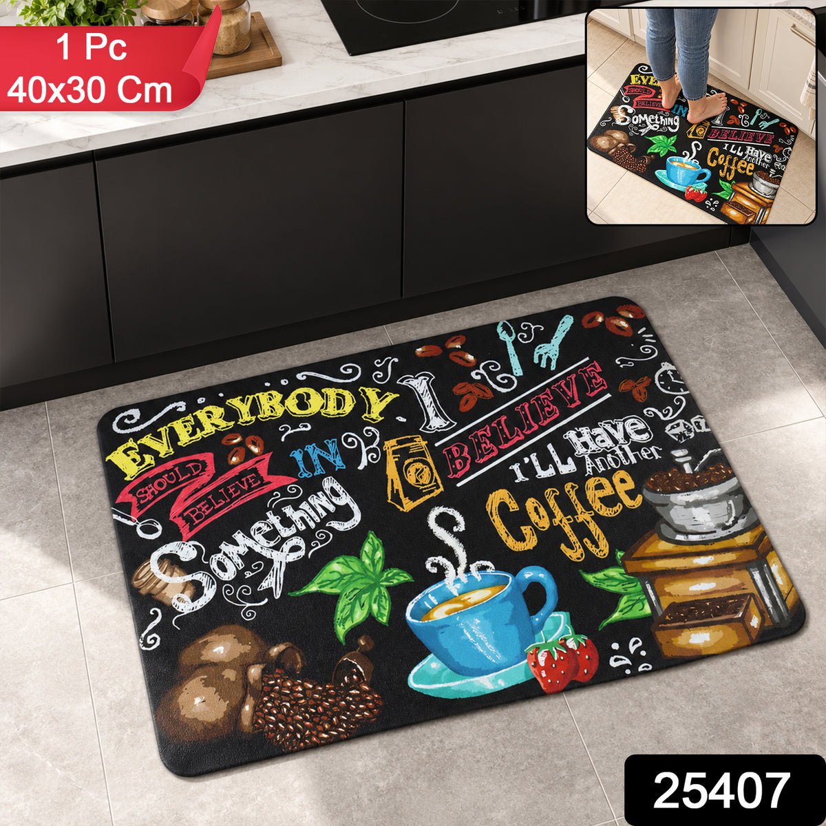 Black kitchen mat with coffee illustrations on a tiled floor, with a small inset showing a person standing on it.