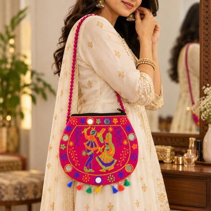 Traditional embroidered jute sling purse tassels