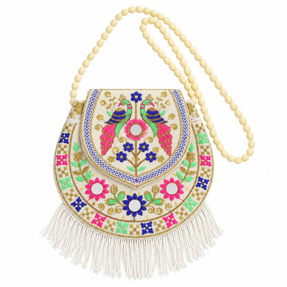 Traditional twin peacock embroidered fringe sling purse - product view 04