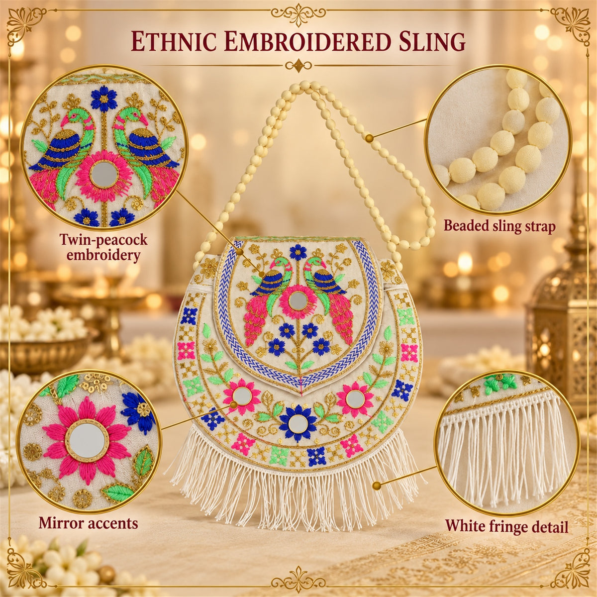 Traditional twin peacock embroidered fringe sling purse - product view 05