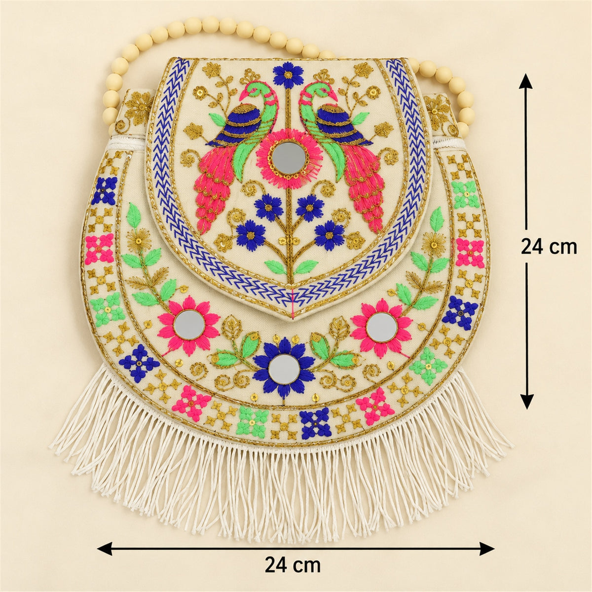 Traditional twin peacock embroidered fringe sling purse - dimensions