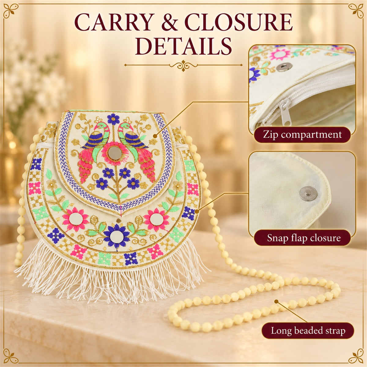Traditional twin peacock embroidered fringe sling purse - product view 07
