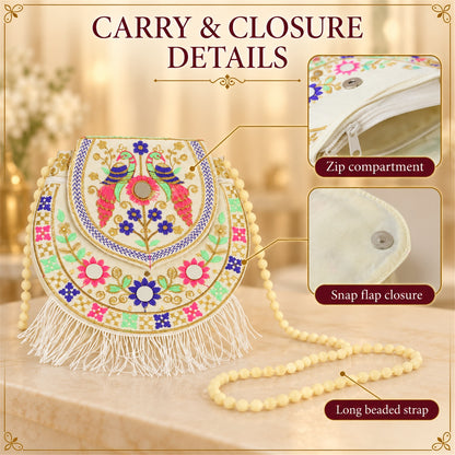 Traditional twin peacock embroidered fringe sling purse - product view 07