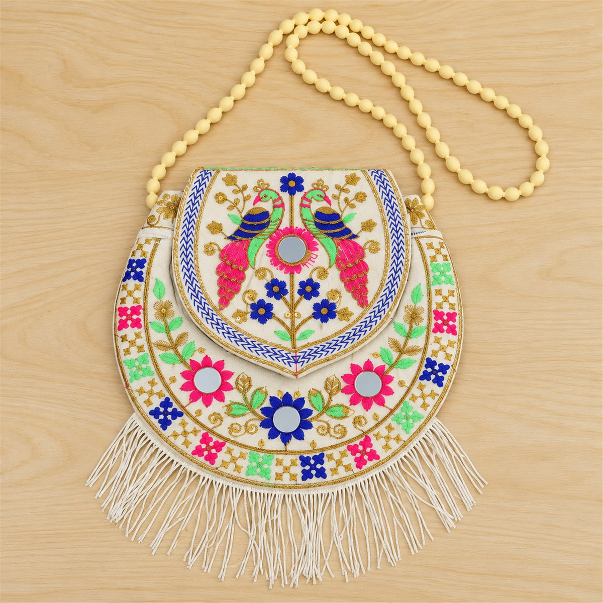 Traditional twin peacock embroidered fringe sling purse - actual product