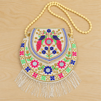 Traditional twin peacock embroidered fringe sling purse - actual product